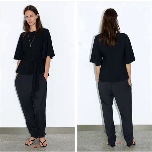 Zara Black Flowy Top Blouse Tie Bow Bell sleeves Size S - Picture 12 of 12